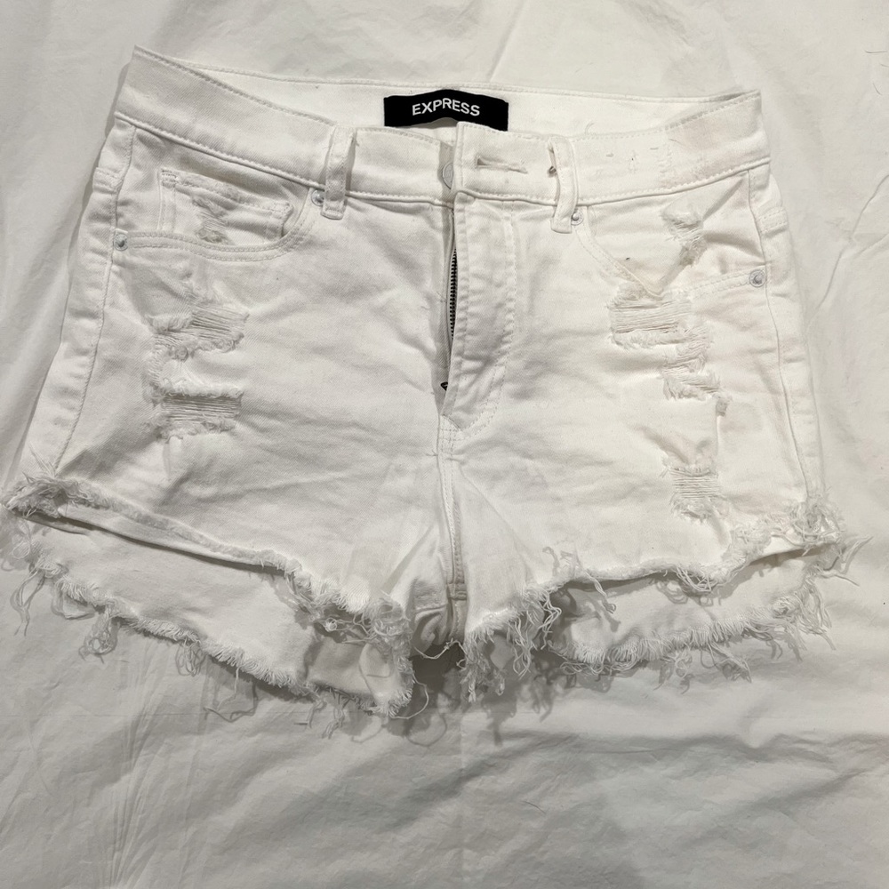Express distressed high rise white jean shorts